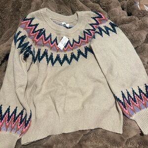 Maurices Beige Sweater with Pink and Blue Zigzag